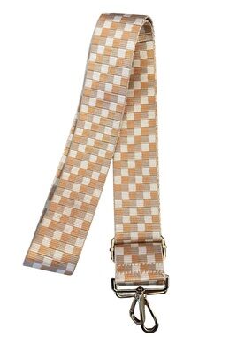 Checkered adjustable guitar purse strap neutral beige white pattern gold